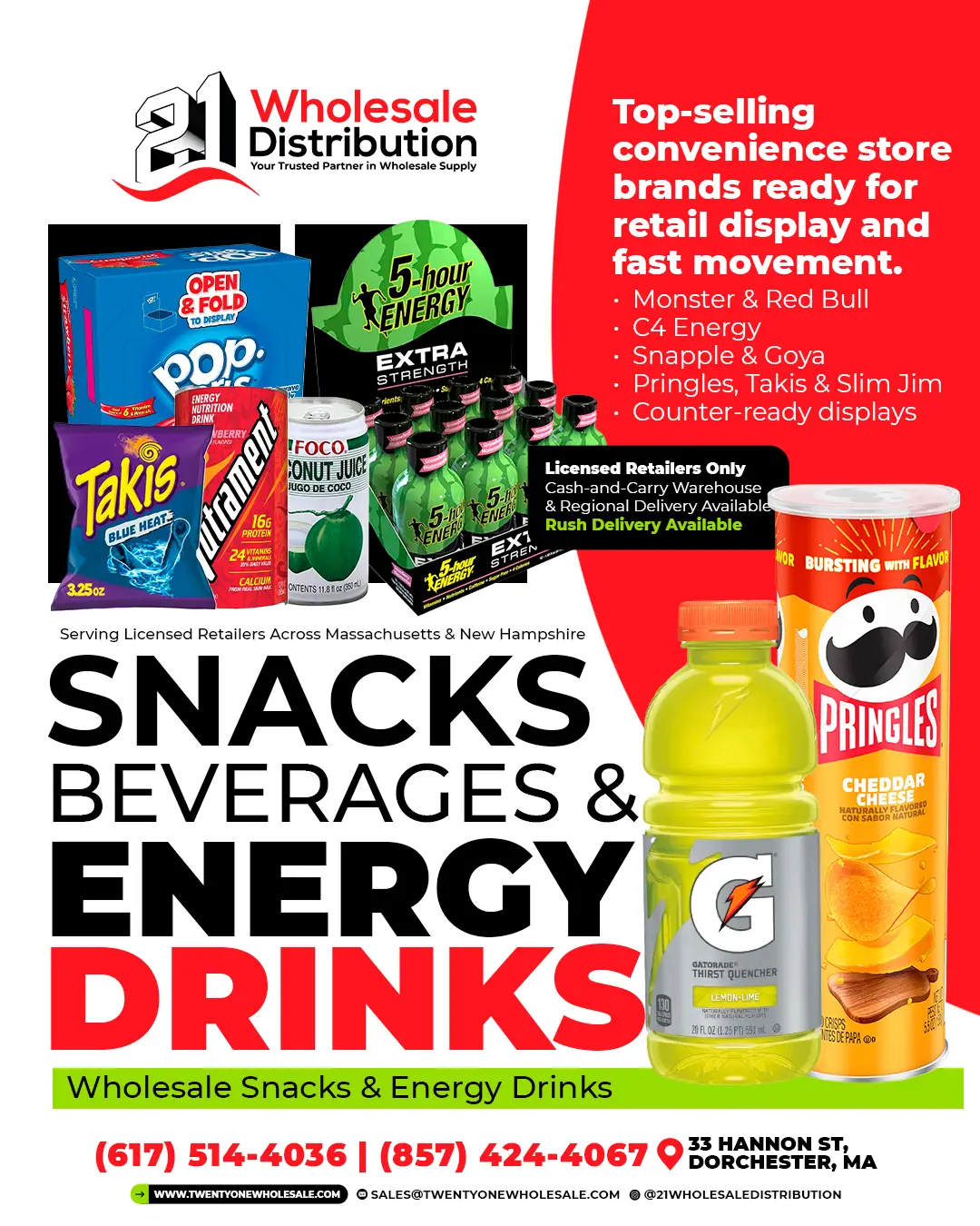 Snack & Beverages & Energy Drinks Promotional Flyer 21 Wholesale Distribution